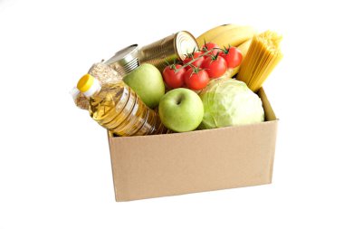 Beyaz arka planda karantina süresi için gıda stoku krizi. Yemek teslimatı, bağış, koronavirüs karantinası. Kopyalama alanı.