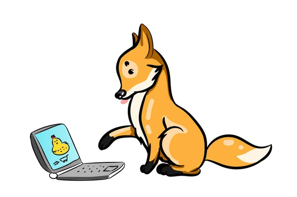 可爱的狐狸矢量字符与笔记本电脑 — 图库矢量图片