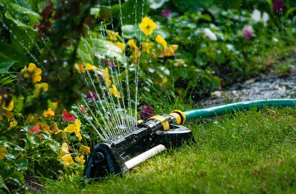 Aspersor de agua está trabajando en el jardín — Foto de Stock