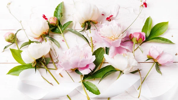 Delicada peonía rosa blanca con flores de pétalos y cinta blanca sobre tabla de madera. Vista superior, posición plana. Copiar espacio. Cumpleaños, Madres, San Valentín, Mujeres, concepto del día de la boda —  Fotos de Stock