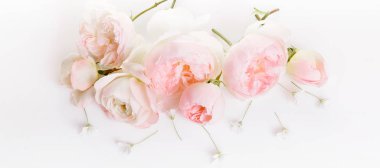 Beyaz ahşap arka planda şenlikli çiçek kompozisyonu. Genel Görünüm