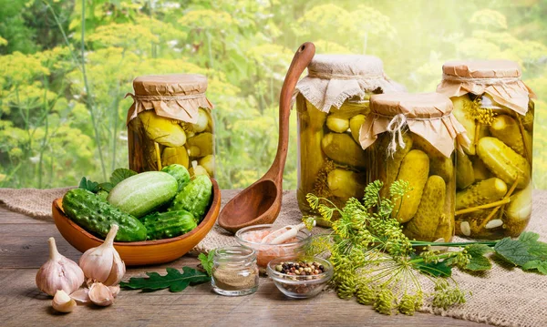 Zátiší s čerstvé a konzervované okurky ve sklenicích, koření na stole se slunečním znejasněná přirozeného pozadí. Sterilovaná zelenina — Stock fotografie