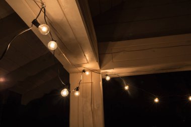 Geceleri bahçedeki ağaçta asılı duran dekoratif ip ışıkları.