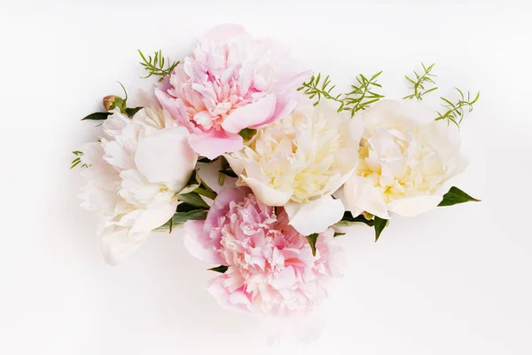 Delicate white pink peony with petals flowers and white ribbon on wooden board. Overhead top view, flat lay. Copy space. Birthday, Mothers, Valentines, Womens, Wedding Day concept — Stock Photo, Image