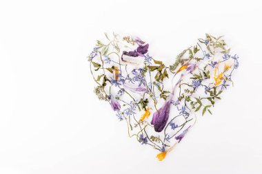 Çiçek kompozisyon. Beyaz zemin üzerinde bir kalp şeklinde kurutulmuş çiçek çerçeve yaptı. Düz yatıyordu, en iyi görünüm. Uzay kopyalayın. Doğum günü, Anne, Sevgililer, kadın, düğün günü kavramı.