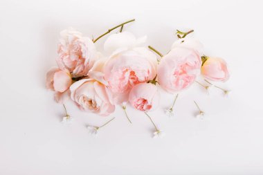 Beyaz ahşap arka planda şenlikli çiçek kompozisyonu. Genel Görünüm