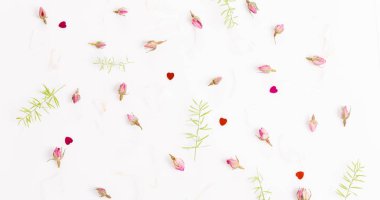 Çiçek kompozisyon. Çerçeve beyaz zemin üzerine kurutulmuş gül çiçek yaptı.