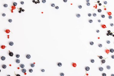 Beyaz bir arka planda taze yaban mersini, kırmızı ve siyah kuş tüyü, Bektaşi üzümü, yaz Berry süsleme