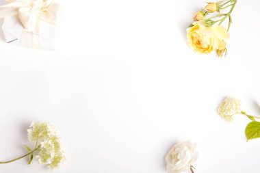 Beyaz arka planda şenlikli çiçek kompozisyonu. Genel Görünüm