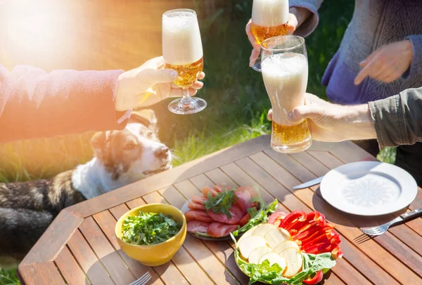 Rodzina w różnym wieku ludzie radosnie świętować na zewnątrz z kieliszków piwa głosić toast. — Zdjęcie stockowe