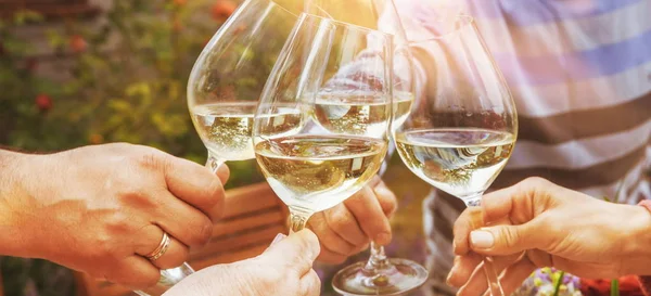 Family of different ages people cheerfully celebrate outdoors with glasses of white wine, proclaim toast Royalty Free Stock Photos