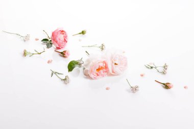 Beyaz ahşap arka planda şenlikli çiçek kompozisyonu. Genel Görünüm