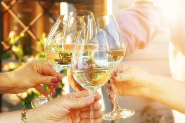 Familie van verschillende leeftijden mensen vieren vrolijk buiten met een glas witte wijn, verkondigen toast — Stockfoto