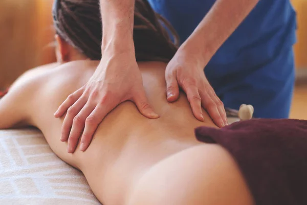 Close Masseur Hands Doing Back Massage Healing Massage Body Care Royalty Free Stock Images