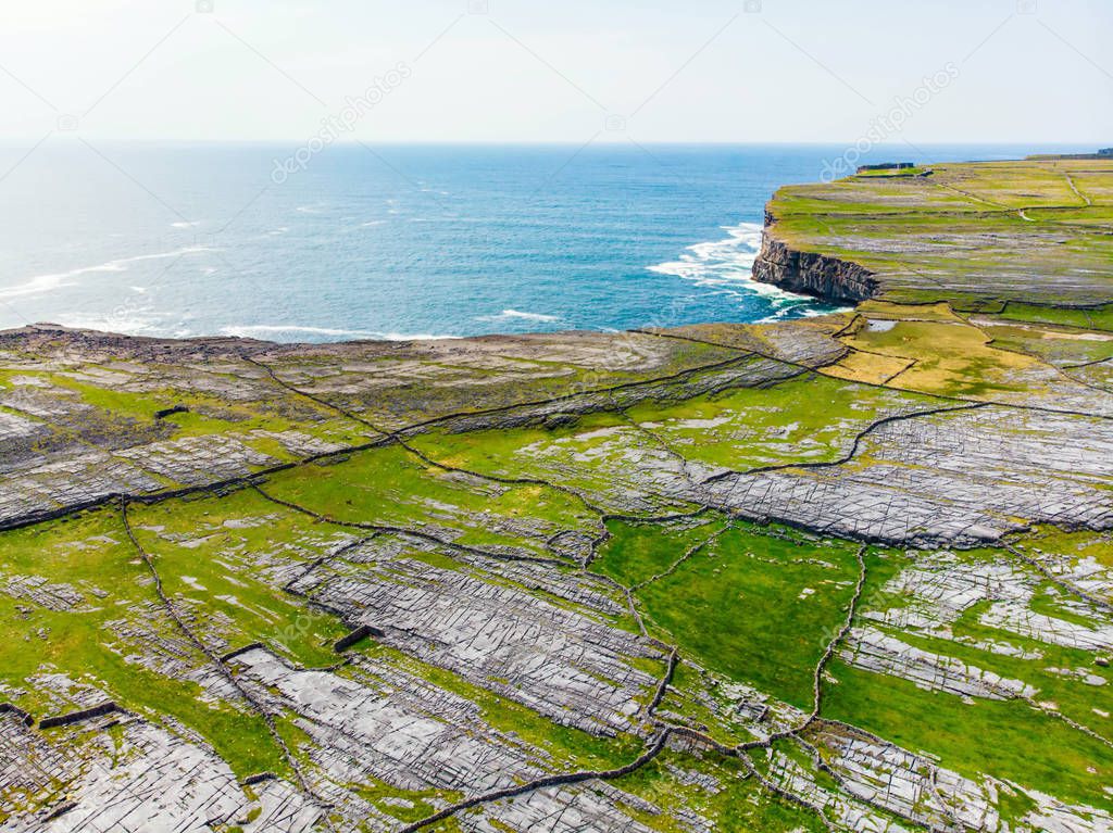 Aerial view of Inishmore island in Galway Bay, Ireland  
