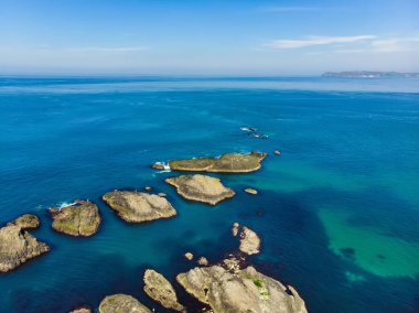 Ballintoy Harbor County Antrim, İrlanda Causeway kıyısında canlı zümrüt yeşili su.