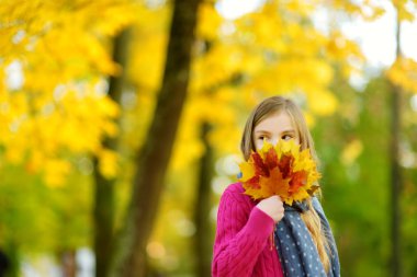 Sevimli küçük kız güzel sonbahar gününde eğleniyor. Sonbahar parkta oynayan mutlu çocuk. Sarı sonbahar yaprakları toplama çocuk. Çocuklar için sonbahar faaliyetleri.