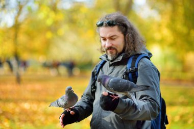 Genç erkek turist güzel güneşli Kasım ayında St James's Parkı Londra, İngiltere, güvercin besleme.