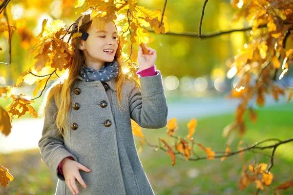 かわいい女の子が美しい秋の一日を楽しんでします 秋の公園で遊んで幸せな子 黄色の紅葉を収集の子供 子供のための秋の活動 — ストック写真