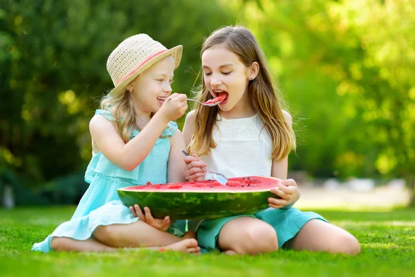 Two funny little sisters eating watermelon with the spoons outdoors on warm and sunny summer day. Healthy organic food for little kids.