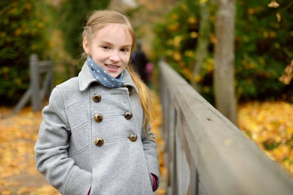 かわいい女の子が美しい秋の一日を楽しんでします 秋の公園で遊んで幸せな子 黄色の紅葉を収集の子供 子供のための秋の活動 — ストック写真