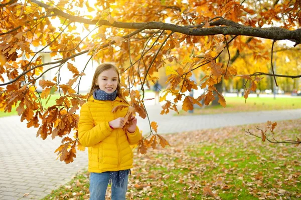 Roztomilá Holčička Baví Krásný Podzimní Den Šťastné Dítě Hraje Podzimním — Stock fotografie