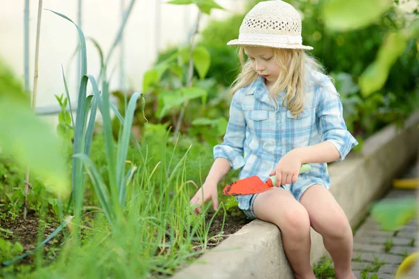 Adorable Niña Pequeña Con Sombrero Paja Jugando Con Sus Herramientas —  Fotos de Stock