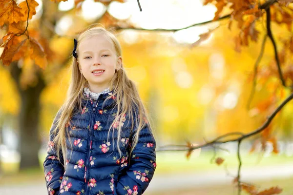 Niedliches Kleines Mädchen Das Einem Schönen Herbsttag Spaß Hat Glückliches — Stockfoto