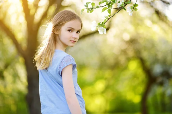 Schattig Preteen Meisje Bloeiende Apple Tree Tuin Een Mooie Lentedag — Stockfoto