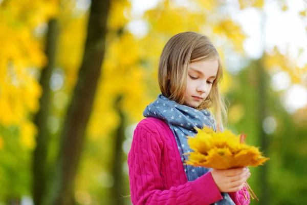 Schattig Klein Meisje Plezier Mooie Herfstdag Gelukkig Kind Spelen Herfst — Stockfoto