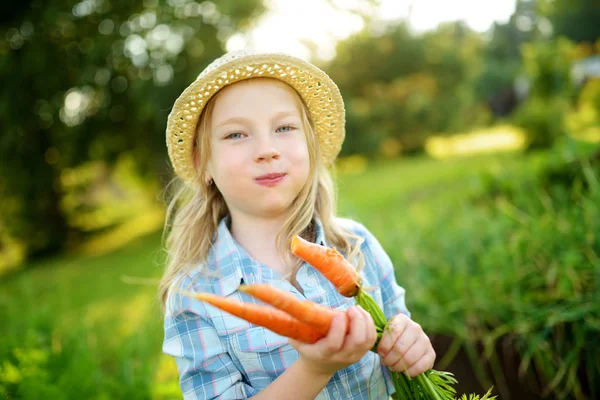 Cute Little Girl Wearing Straw Hat Holding Bunch Fresh Organic — Stock Photo, Image