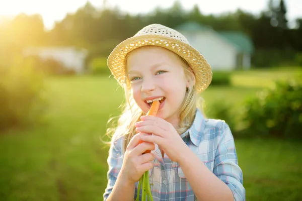 Schattig Klein Meisje Met Stro Hoed Houden Van Een Bos — Stockfoto