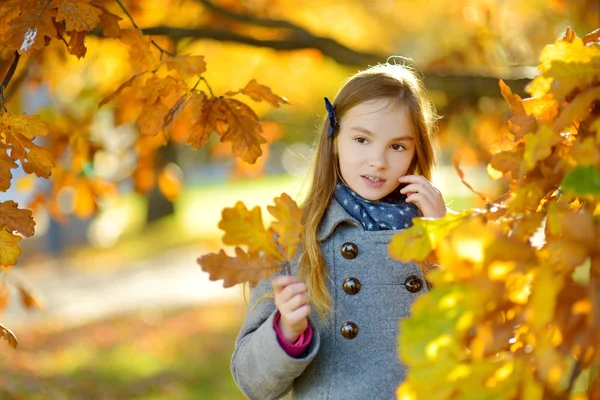 Schattig Klein Meisje Plezier Mooie Herfstdag Gelukkig Kind Spelen Herfst — Stockfoto