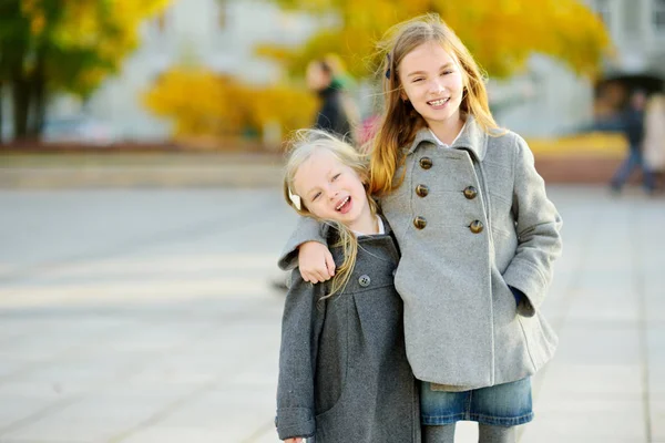 Duas Meninas Bonitos Divertindo Belo Dia Outono Crianças Felizes Brincando — Fotografia de Stock