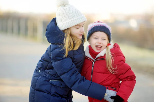 Két Aranyos Kislány Együtt Szórakoztunk Szép Téli Nap Gyönyörű Nővér — Stock Fotó