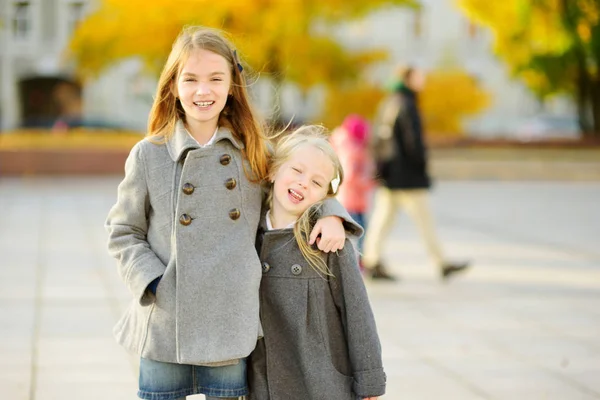 Twee Schattige Kleine Meisjes Plezier Mooie Herfstdag Gelukkige Kinderen Spelen — Stockfoto