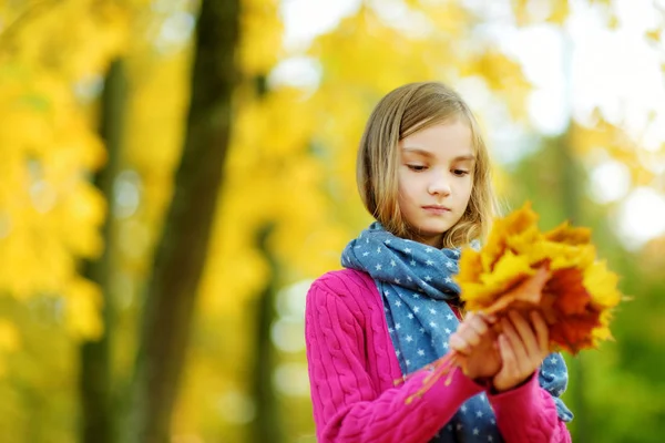可爱的小女孩 在美丽的秋日乐趣 快乐的孩子在秋天公园玩 孩子收集黄色秋天的落叶 儿童秋季活动 — 图库照片