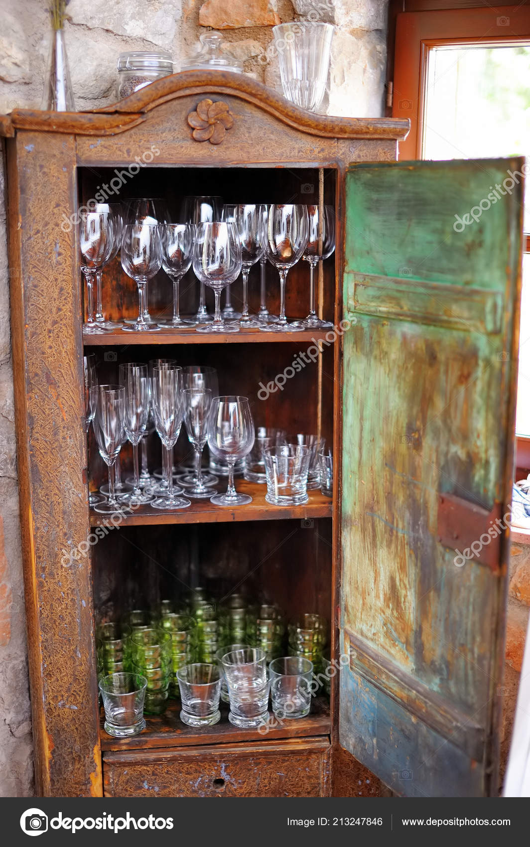 Assorted Glassware Kitchen Equipment Old Rustic Country Style Wooden Cupboard Stock Photo Image By C Mnstudio 213247846