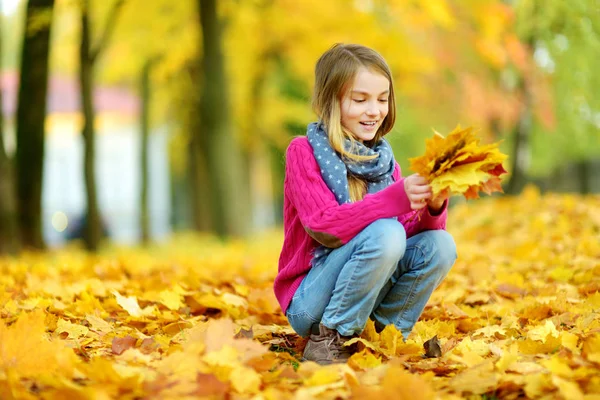 Aranyos Kislány Szórakoztunk Szép Őszi Napon Boldog Gyermek Játék Őszi — Stock Fotó