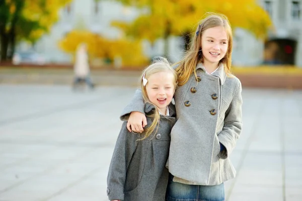 Twee Schattige Kleine Meisjes Plezier Mooie Herfstdag Gelukkige Kinderen Spelen — Stockfoto
