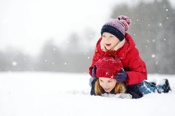 两个可爱小女孩一起在美丽的冬季公园开心 漂亮的姐妹在雪地里玩 孩子们的冬季活动 — 图库照片