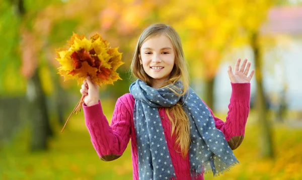 Χαριτωμένο Μικρό Κορίτσι Έχει Διασκέδαση Στην Όμορφη Φθινοπωρινή Μέρα Ευτυχισμένο — Φωτογραφία Αρχείου