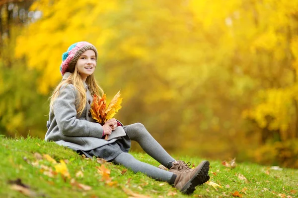 Schattig Klein Meisje Plezier Mooie Herfstdag Gelukkig Kind Spelen Herfst — Stockfoto