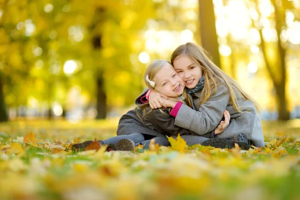 Duas Meninas Bonitos Divertindo Belo Dia Outono Crianças Felizes Brincando — Fotografia de Stock