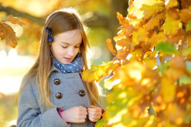 Sevimli küçük kız güzel sonbahar gününde eğleniyor. Sonbahar parkta oynayan mutlu çocuk. Sarı sonbahar yaprakları toplama çocuk. Çocuklar için sonbahar faaliyetleri.