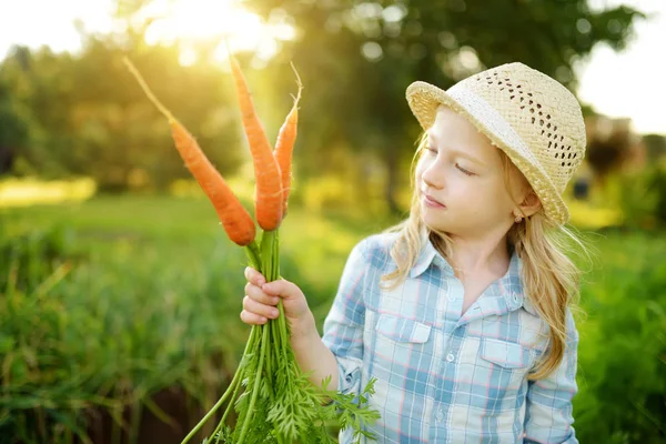 Nettes Kleines Mädchen Mit Strohhut Das Einen Strauß Frischer Bio — Stockfoto