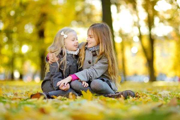 Duas Meninas Bonitos Divertindo Belo Dia Outono Crianças Felizes Brincando — Fotografia de Stock