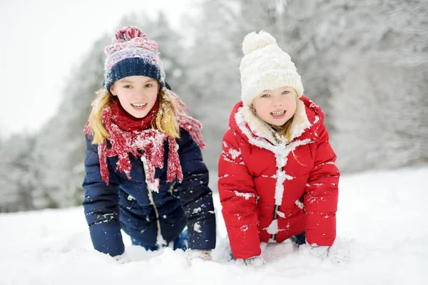 Två Bedårande Små Flickor Att Roligt Tillsammans Vackra Vinter Park — Stockfoto