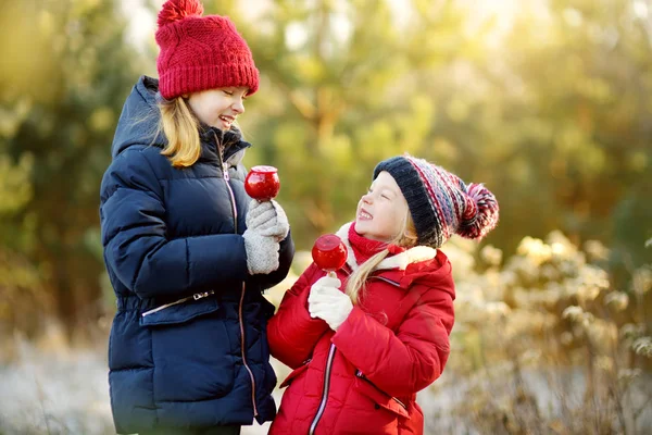 两个可爱的姐妹吃红苹果覆盖着糖霜在美丽的阳光明媚的圣诞节 儿童享受糖果 糖果和姜饼在神奇的圣诞节时间 — 图库照片