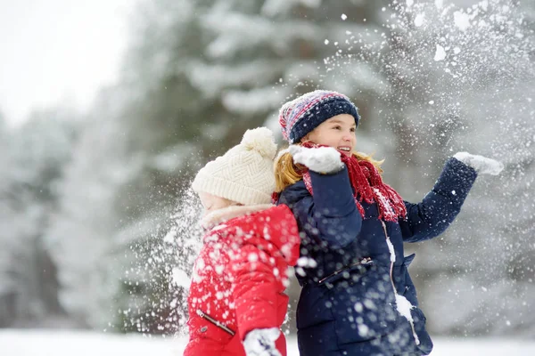 Dwie Urocze Dziewczyny Trochę Zabawy Razem Pięknym Parku Zimowym Grając — Zdjęcie stockowe